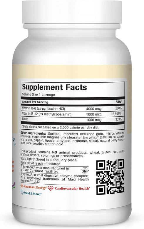 Maxi Health Triple B Lozenges - Vitamin B12, B6 & Biotin, Strawberry Flavor, 180 Chewies