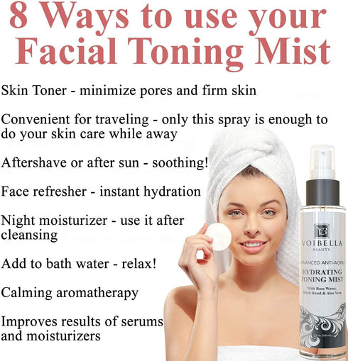 Organic Hydrating Toner for Face - Anti-Aging Rose Water, Witch Hazel & Aloe Vera Facial Mist
