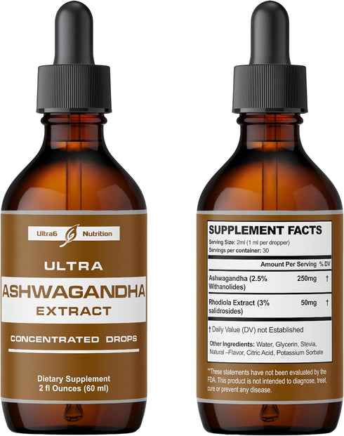 Ashwagandha Liquid Drops, Organic Ashwagandha Supplements with Rhodiola Rosea Tincture for Mood and Energy