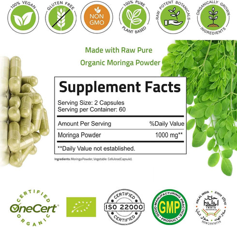 Organic Moringa Capsules 120 Capsules 1000mg – Organic Moringa Oleifera Leaf Powder Capsules Leaf Energy, Metabolism, & Immune Support nutrient-rich superfood | Non GMO and Gluten Free