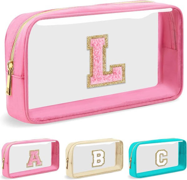Personalized Initial Letter Clear Makeup Bag, Preppy Small Nylon & PVC Cosmetic Zipper Bag for Beach Travel