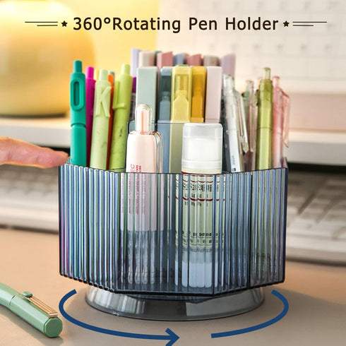 LINFIDITE 360°Rotating Makeup Organizer Holder Cosmetic Display Case Clear Makeup Brush Lip Gloss Organizer Case with 5 Slots Round Turntable Storage Tray for Vanity, Bathroom, Counter Organizer Blue by LINFIDITE