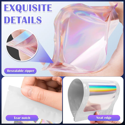JETMORE Mylar Bags, 100 PCS Holographic Smell Proof Bags with Front Window for Food and Jewelry Storage