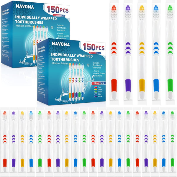 Navona 300 PCS Bulk Toothbrush Pack - Colorful Manual Disposable Toothbrushes for Adults or Kids, Soft Bristles,
