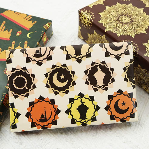 Apol Vintage Gift Wrapping Paper, Ramadan Eid Mubarak Blue Castle Stars Moon Retro Flower, 6 Folded Sheets
