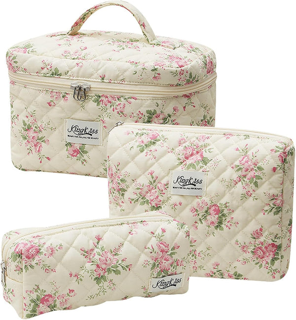 Quilted Floral Makeup Bag 3PCS, Cute Cotton Travel Toiletry Bag, Daily Use Skincare Bag, Large Capacity