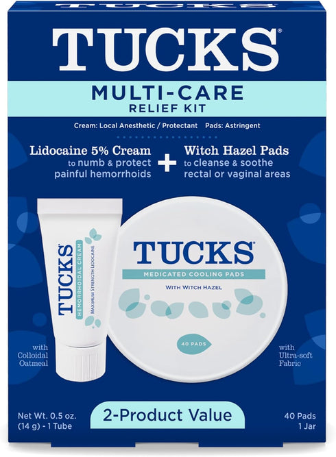 Tucks Multi-Care Relief Kit – 40 Count Witch Hazel Pads & 0.5 oz. Lidocaine Cream for Hemorrhoid Treatment
