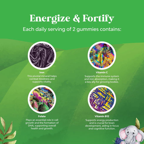 Tasty Kids Multivitamin with Iron Gummy - Gentle Iron Gummies for Kids with Vitamin C & B Complex - Vegan, Non-GMO &