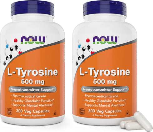 L-Tyrosine 500mg by NOW Foods, 300 Capsules (Pack of 2) - Non-GMO Free Form Supplement