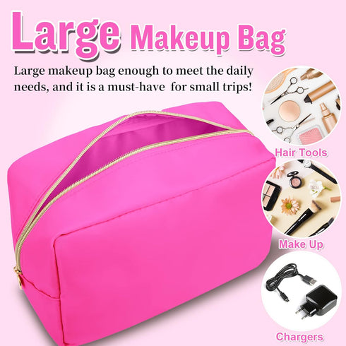 Nylon Large Makeup Bag, Preppy Cute Cosmetic Pouch, Waterproof Toiletry Bag Clutch for Women and Girls (Hot Pink)