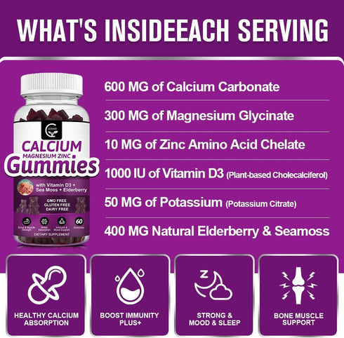 Calcium Magnesium Zinc Gummies with High Absorption Magnesium Glycinate, D3 Sea Moss for Bone & Immune Support - 2 Pack