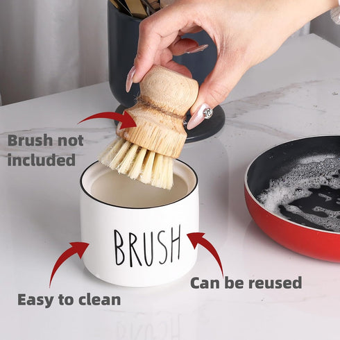 ONTUBE Ceramic Dish Brush Holder, Farmhouse Scrub Brush Holder Dishwashing Brush Stand, Soap Dispensing Kitchen Brushes