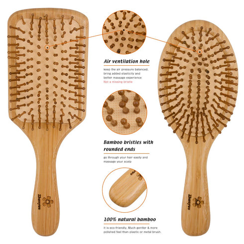 Zhuoyue Wooden Bamboo Hair Brush - Paddle Brush Set with Bamboo Bristle to Reduce Frizz & Massage Scalp (2 pcs)