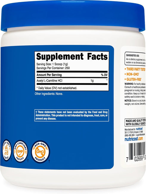 Nutricost Acetyl L-Carnitine (ALCAR) 250 Grams Powder - 1G Per Serving, 250 Servings