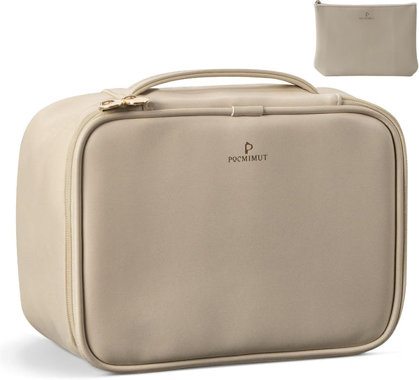Pocmimut Travel Makeup Bag - Leather Cosmetic Organizer for Women, Large Makeup Bag with Brush Holder (Apricot)