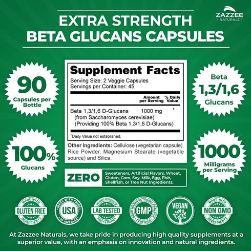 Zazzee Extra Strength 1,3/1,6 Beta Glucans, 1000 mg, 90 Vegan Capsules, 100% Concentrated, Supports Immune System
