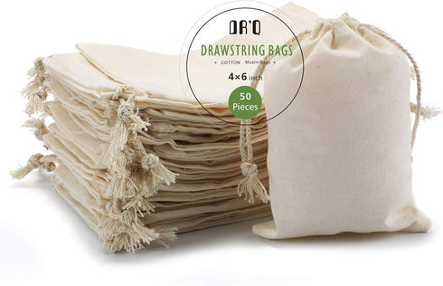 Muslin Drawstring Cotton Bags - 50 Pcs, 4x6 Inch - Organic Fabric Sachets for DIY Craft, Party, Wedding & Home Storage