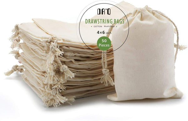 Muslin Drawstring Cotton Bags - 50 Pcs, 4x6 Inch - Organic Fabric Sachets for DIY Craft, Party, Wedding & Home Storage