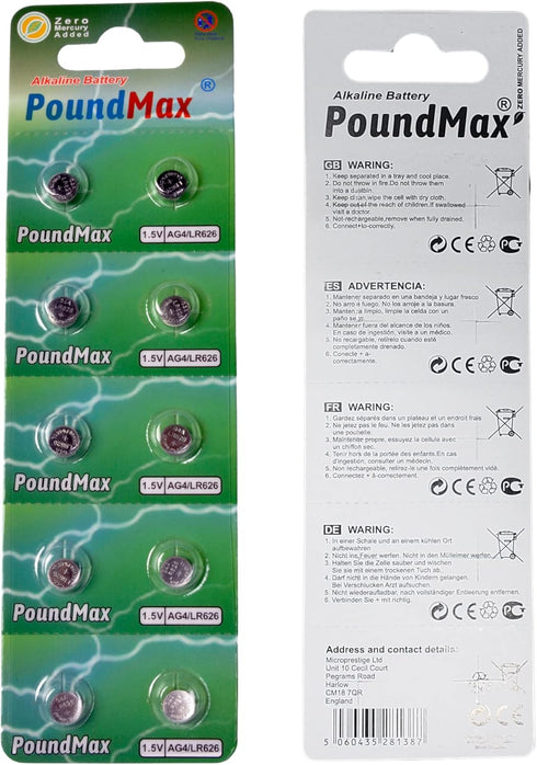 PoundMax AG4 LR626 1.5v 10 Count Batteries Alkaline Button Cell Battery