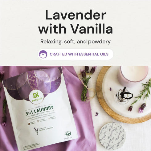 Grab Green 3-in-1 Laundry Detergent Pods, 60 Count, Lavender Vanilla Scent, Plant and Mineral Based