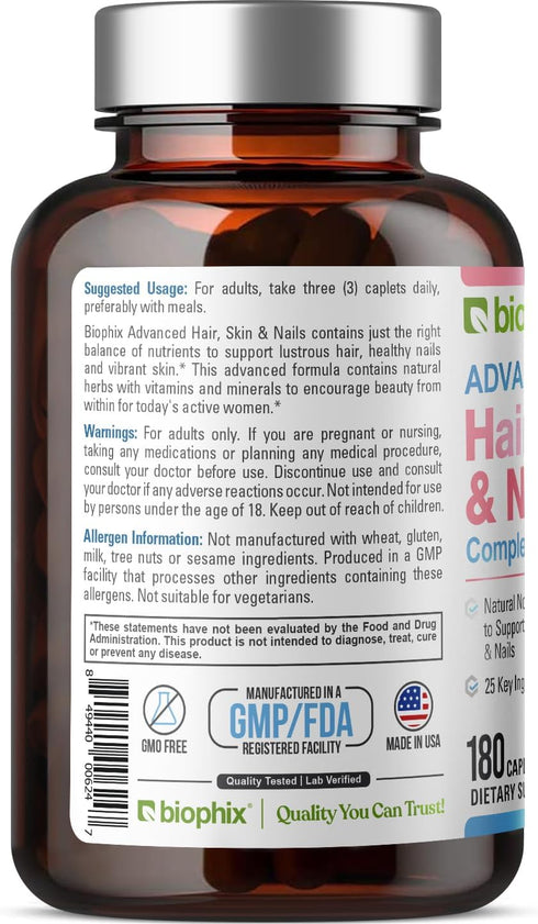 biophix Hair Skin and Nails Complex, 180 Caplets with 10,000 mcg Biotin for Healthy Aging