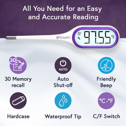 iProven Basal Body Thermometer with Backlight, High Precision BBT for Ovulation Tracking, 30 Memory Recall