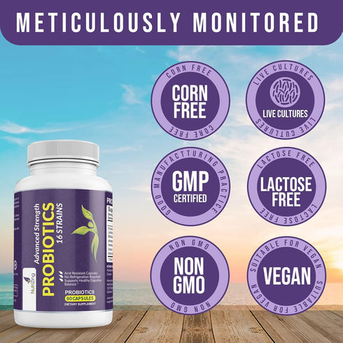 NutriZing Vegan Probiotics for Digestive Health - 30 Billion CFU & 16 Strains, Delayed Release Supplement for Men &