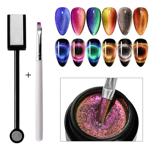 MEET ACROSS 9D Cat Eye Gel Nail Polish Set - Chameleon Magnetic Gel Soak Off UV LED 7 Color Gel with Brush