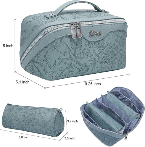 Travel Makeup Bags Cosmetic Organizer: 3-Set Large Capacity PU Leather Toiletry Bag for Women (Light Blue)