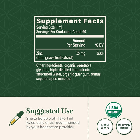Global Healing USDA Organic Zinc Liquid Supplement - 2 Fl Oz - Pure Vitamin Drops for Immune Boost, Hormone Balance,