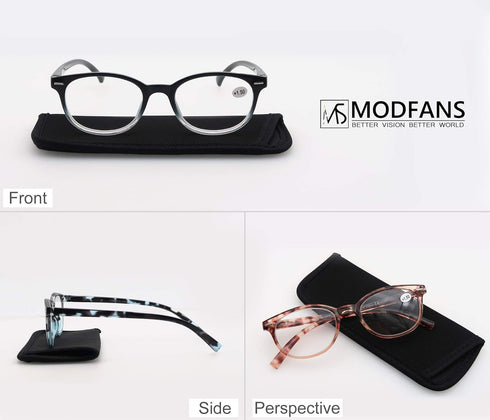MODFANS Reading Glasses 1.25 Women 3 Pack, Spring Hinge Fashion Round with Pouch