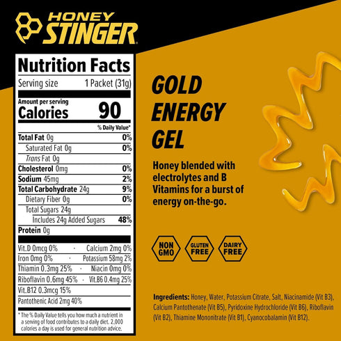 Honey Stinger Gold Energy Gel, 24 Pack, 26.4 Ounce | Gluten Free & Caffeine Free | Sports Nutrition for Exercise