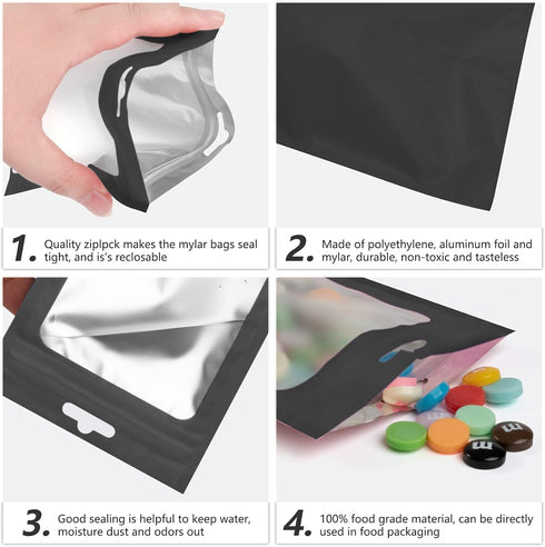 100 Pieces Resealable Mylar Bags with Clear Window, Smell Proof Foil Pouch Zip Bags for Food Storage