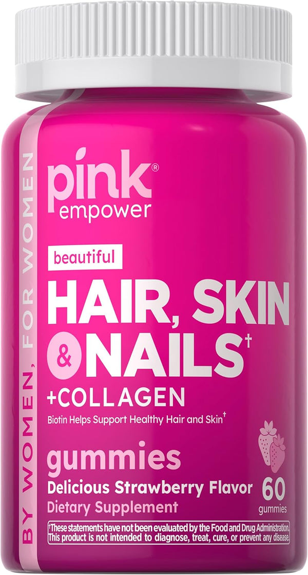 PINK Hair Skin Nails Gummies - 60 Count, Plus Collagen & Biotin, Strawberry Flavor