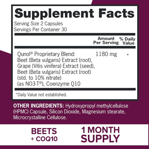 Qunol Blood Pressure Support, 3 in 1 Beets + CoQ10 + Grape Seed Extract, Beet Root Capsules for Healthy Circulation, 60