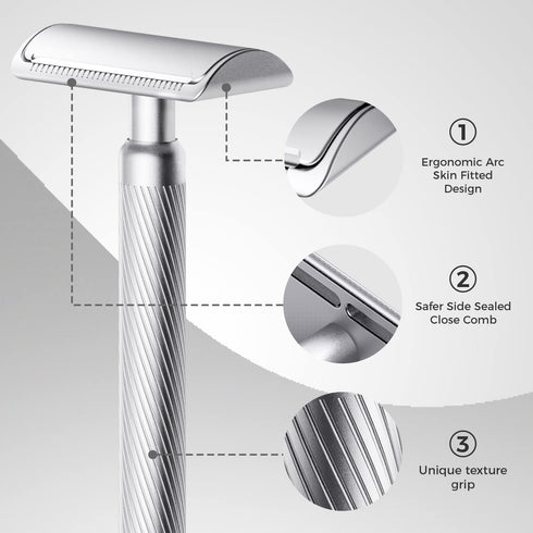 ZOMCHI Double Edge Safety Razor, Premium Metal Razor with 10 Blades, Eco-Friendly Razor in Noble Silver
