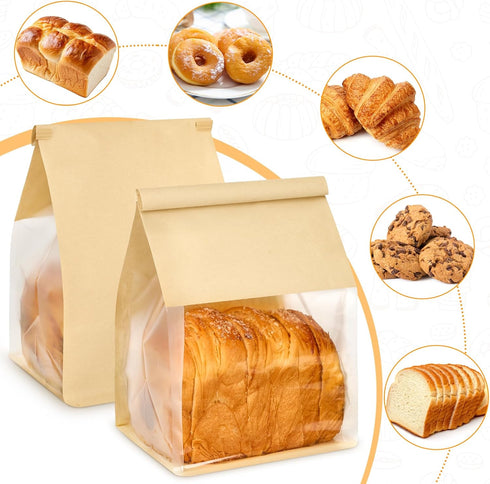 Ocmoiy 100 Pack 6.3x5.1x10.3 Inches Packaging Bread Bags for Homemade Breads, Resealable Tin Tie Tab Lock Bakery Bags