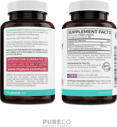 Organic Cranberry Pills - 60 Capsules | 50:1 Concentrate Equals 25,000mg of Fresh Cranberries for UTI Support
