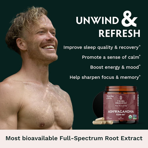 TRIBE ORGANICS Ashwagandha KSM 66 - Pure Organic Root Powder Extract for Focus & Mood Support, 90 Capsules