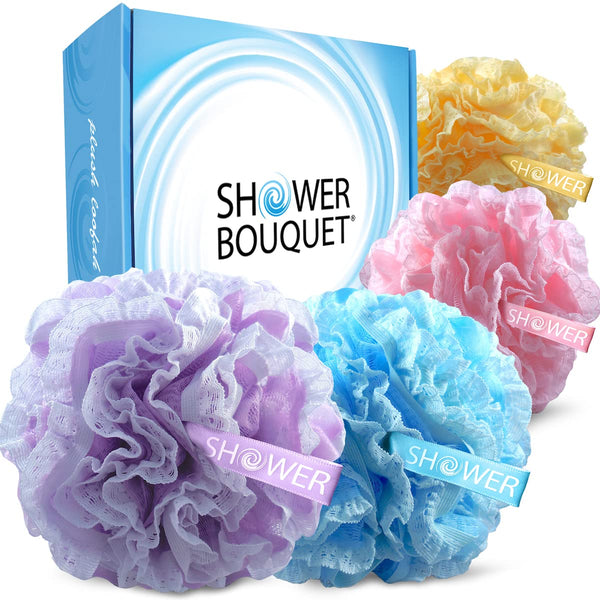 Loofah-Bath-Sponge Lace-Mesh-Set - 4 Pack Spa Colors, 2-Scrubs-in-1 by Shower Bouquet, 60g Pouf for Exfoliating Skin