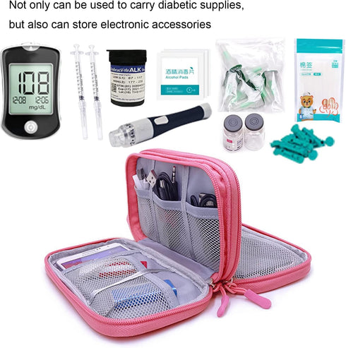 Diabetic Supplies Storage Bag, Portable Carrying Case for Glucose Meter, Insulin Pen, Test Strips, Medication (Pink)
