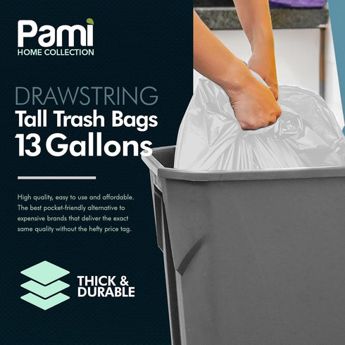 PAMI 13-Gallon Tall Kitchen Drawstring Trash Bags, 50-Pack, White, Extra-Strong Plastic Liners for Kitchen