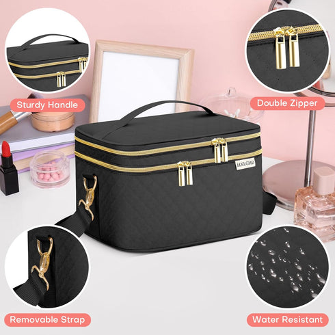 Travel Makeup Bag for Women, Double Layer Cosmetic Organizer Case with Shoulder Strap for Brushes, Bottles, Black