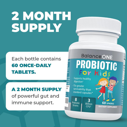 Balance ONE Kids Probiotic, 3 Billion CFU, Sugar Free, Gut & Digestive Support, 2 Month Supply