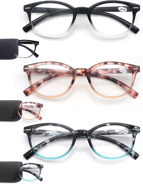 MODFANS Reading Glasses 1.25 Women 3 Pack, Spring Hinge Fashion Round with Pouch