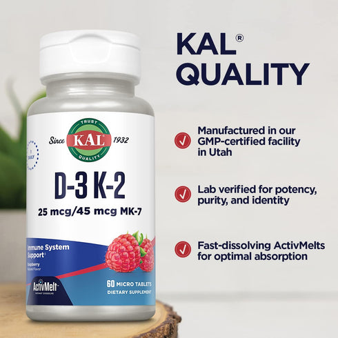 Kal 1000 IU D-3 & K2 Tablets, Raspberry, 60 Count (Pack of 1)