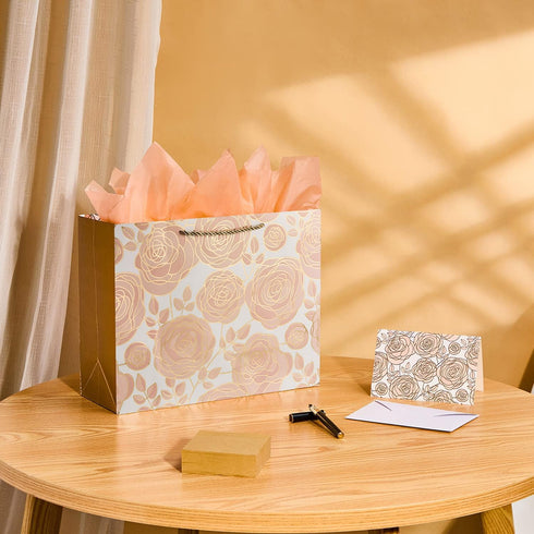 SUNCOLOR Large Gift Bag Set with Tissue Paper and Card, Rose Gold, 13W x 10.2H x 4.7D inches for Wedding, Birthday,