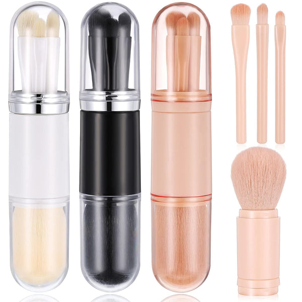 3 Sets Travel Brush Makeup Set - 4 in 1 Mini Portable Lip Brush & Foundation Blending Brushes for Women