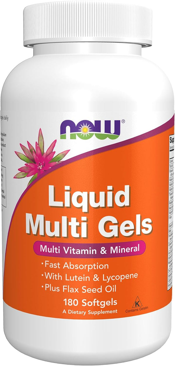 NOW Supplements Liquid Multi Gels with Lutein and Lycopene, plus Flax Seed Oil, 180 Softgels