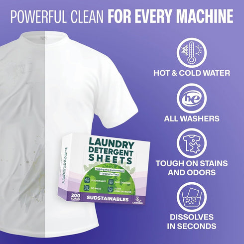 Eco Friendly Laundry Detergent Sheets, 200 Loads, Plastic Free, Lavender